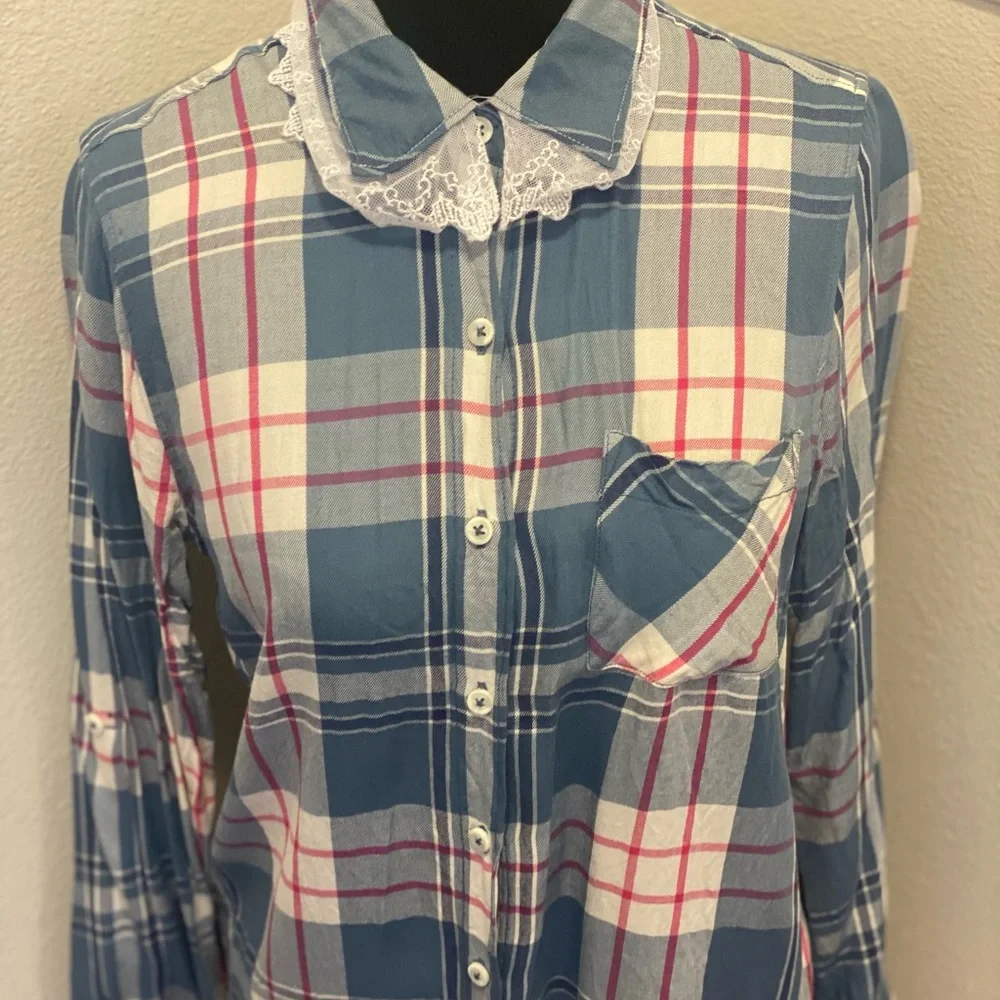 2 FOR $20 Woolrich Blue Plaid Lace Trim Top Blouse Tunic Button Down Size M - Picture 2 of 6